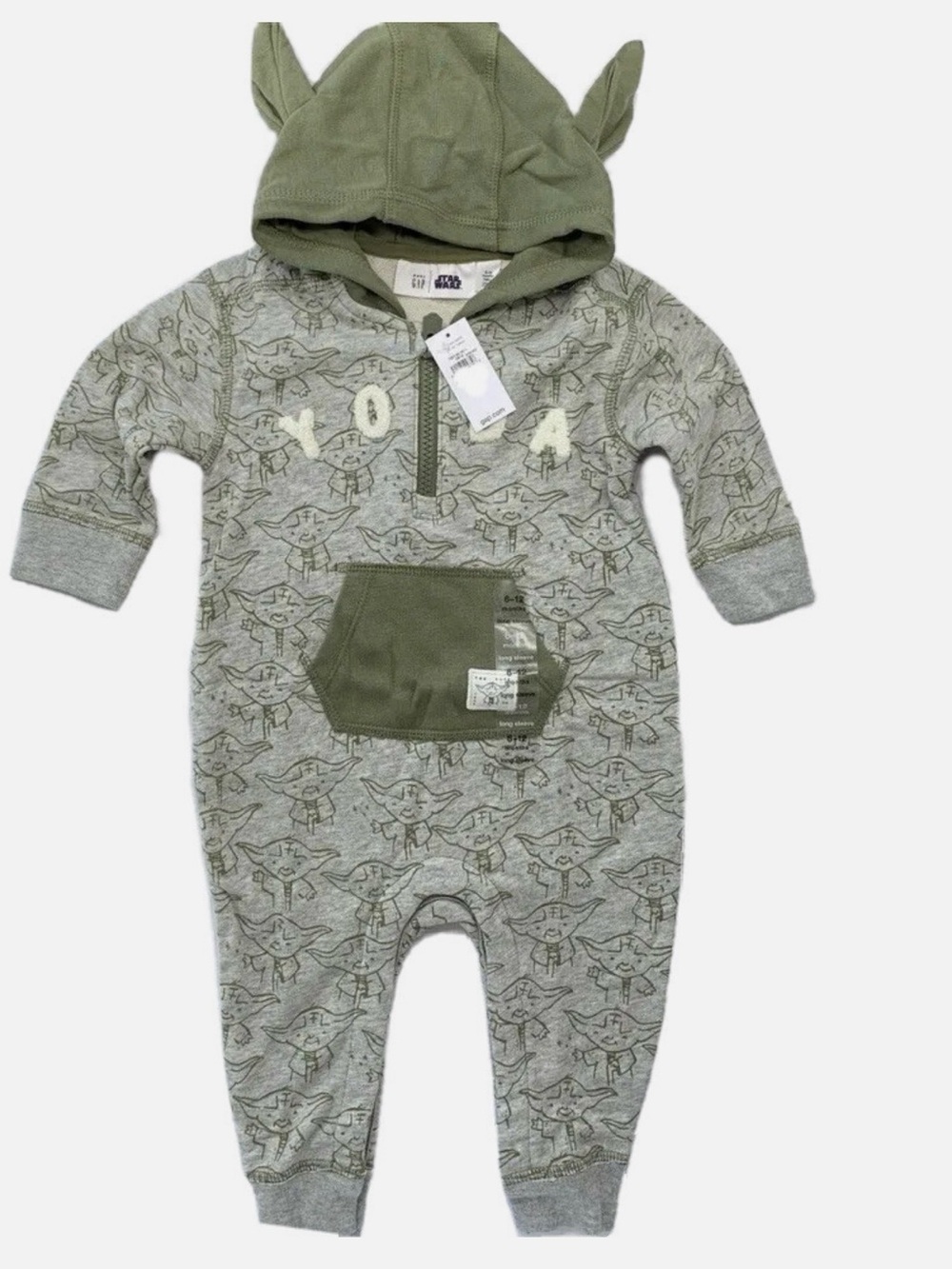 GAP Olive Green Baby Yoda Hooded One-Piece Romper